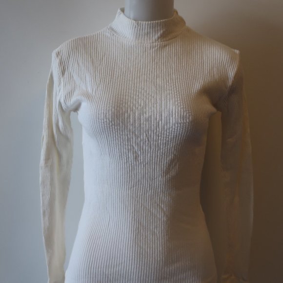 SUD EXPRESS WHITE RIBBED LIGHT MOCK NECK SWEATER S - Picture 4 of 8